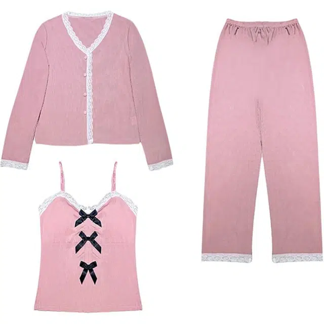 秀黛 蕾丝拼接蝴蝶结三件套家居服可外穿睡衣套装 女款