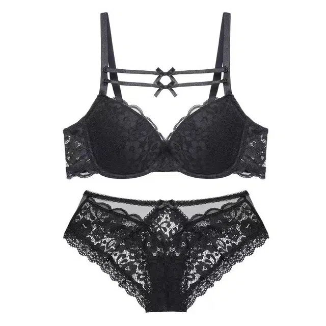 秀黛 纯欲蕾丝性感薄款文胸聚拢上托内衣裤套装 女款 黑色