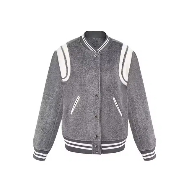 一碗士多 美式设计感拼接撞色韩版简约舒适通勤宽松纯色短款高级感休闲百搭复古减龄学院风棒球服 女款 灰色