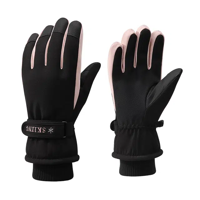 浪莎 冬季天滑雪棉保暖触屏防风加绒加厚骑车电瓶车摩托车防泼水登山防冻御寒防滑防丢卡扣 聚酯纤维 运动手套 女款