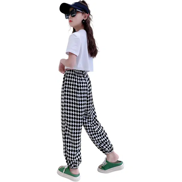 十月妈咪 棋盘格时尚束脚宽松薄款休闲裤 儿童款
