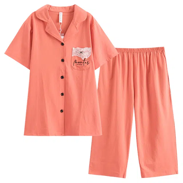 芬腾 翻领单排扣舒适短袖松紧五分裤睡衣套装 女款