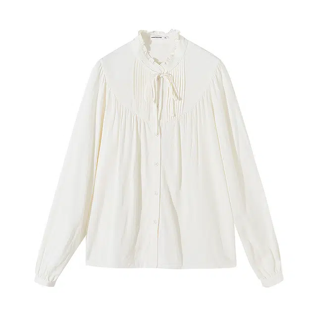 美特斯邦威 通勤气质精致木耳花边质感宽松长袖衬衫 女款 米白