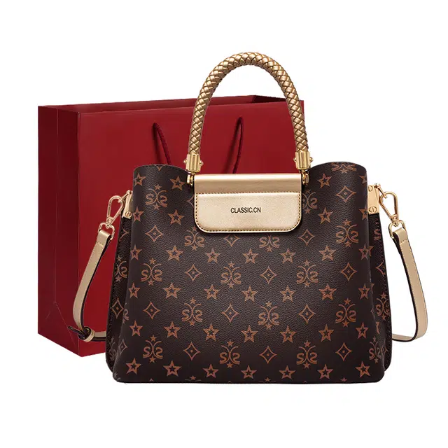 老人头 复古印花简约大气中年妈妈款百搭实用通勤大容量 合成革 单肩斜挎手提包 女 咖啡色