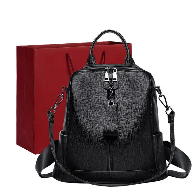 老人头 柔软百搭通勤旅行轻便耐用妈妈旅游大学生 头层牛皮配超纤 书包双肩包背包 女款 黑色