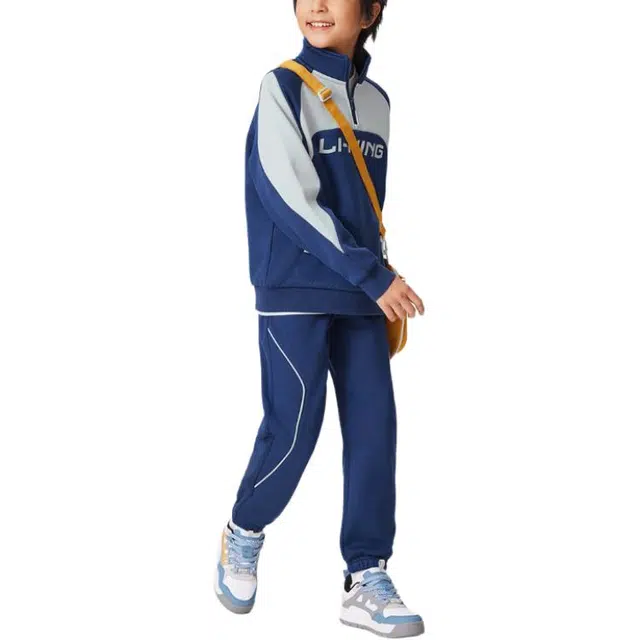 李宁儿童 运动生活系列 字母拼色立领透气加绒保暖卫衣中腰长裤休闲运动套装 藏青蓝青少年