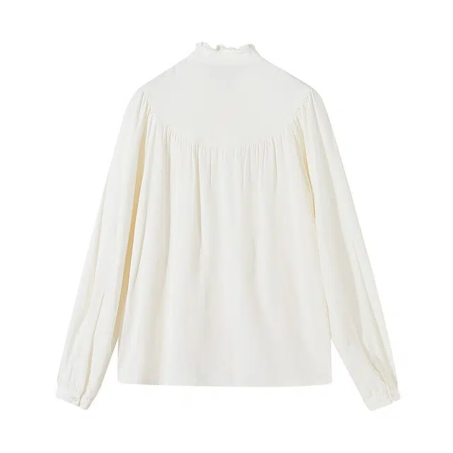 美特斯邦威 通勤气质精致木耳花边质感宽松长袖衬衫 女款 米白