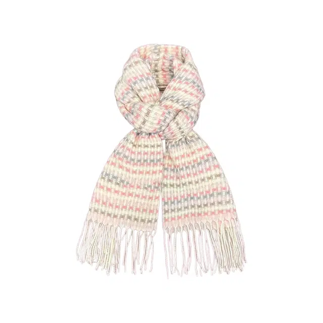 木林森 日系小清新小格子流苏保暖亲肤 涤纶 绒线围巾 女款 水蜜桃粉