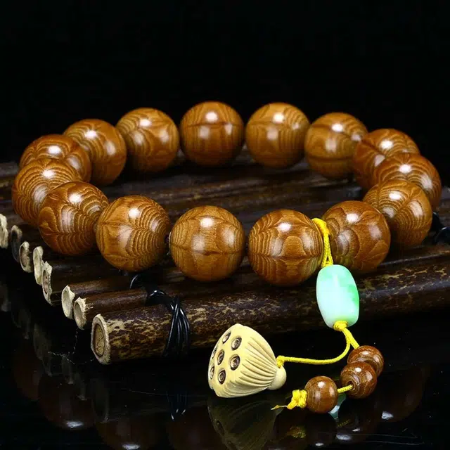 爵倾 纯手工打磨莲花挂饰六条纹佛珠降龙 六道木 手串 男女同款情侣款