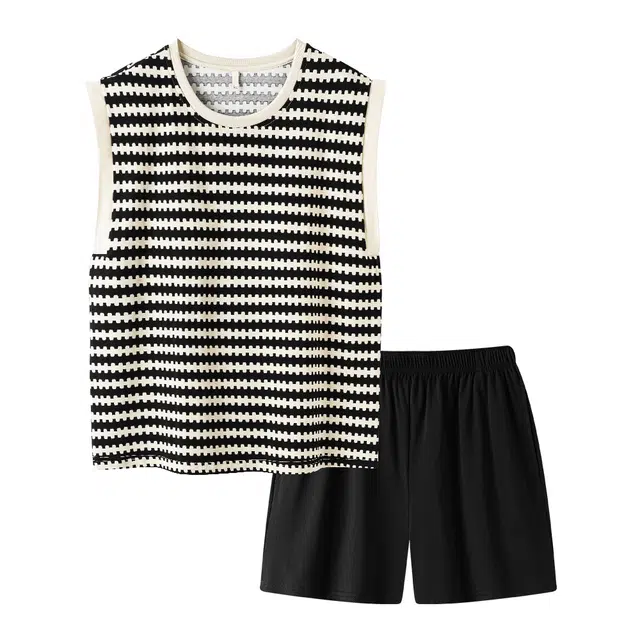 宫蝶 慵懒感无袖背心休闲家居服可外穿简约睡衣套装 女款 黑白色