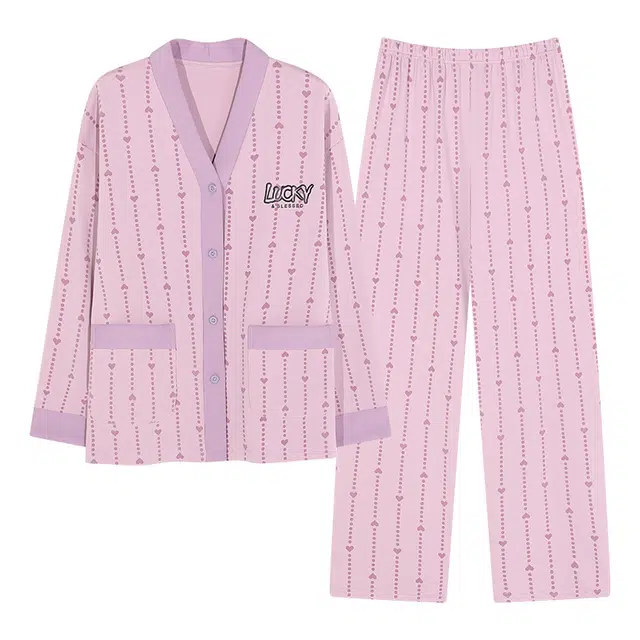 轻迎 条纹爱心甜美可外穿睡衣套装 女款 玫红色