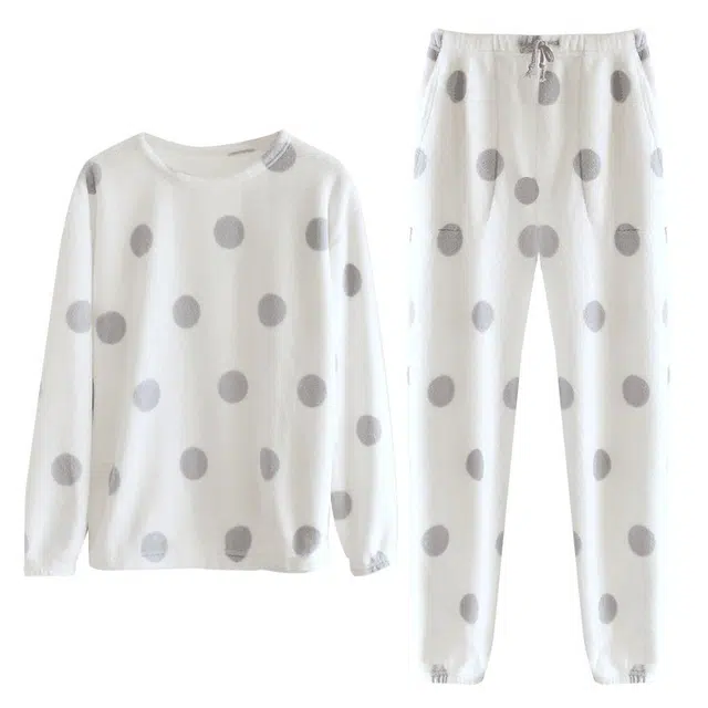 水中花 休闲长袖家居服波点套头加绒可外穿睡衣套装 女款 图色