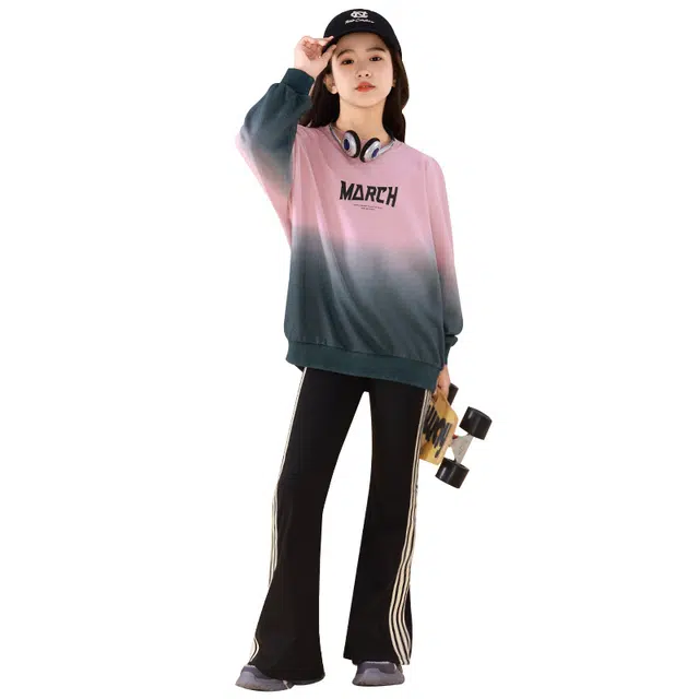 憨憨象 舒适圆领渐变字母上衣透气条纹裤子休闲运动套装青少年