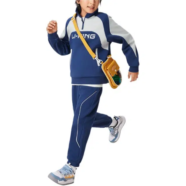 李宁儿童 运动生活系列 字母拼色立领透气加绒保暖卫衣中腰长裤休闲运动套装 藏青蓝青少年