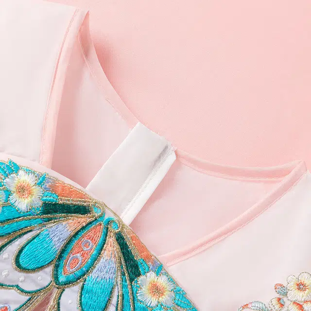 十月妈咪 中式国风刺绣碎花网纱短袖连衣裙汉服 夏 儿童款 湛蓝蝴蝶