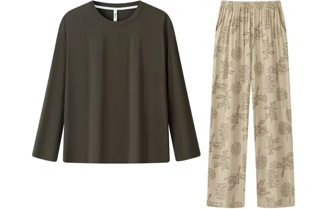 宫蝶 柔软优可丝长袖可外穿家居服简约休闲宽松睡衣套装 女款 棕色