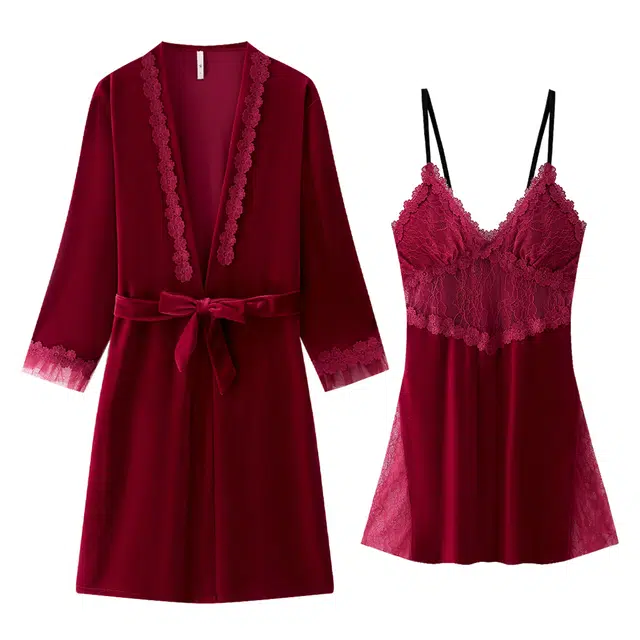 宫蝶 金丝绒睡裙保暖家居服法式性感风睡衣套装 女款 红/粉/蓝/黑色