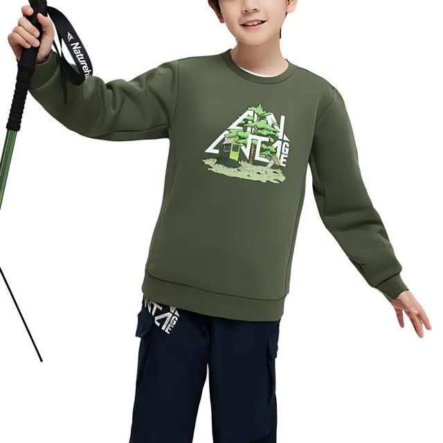 儿童款 安踏儿童 字母印花圆领长袖套头卫衣 墨玉绿