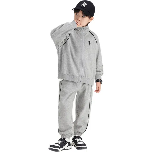 左西 立领长袖外套柔软舒适长裤休闲运动套装 灰色儿童款