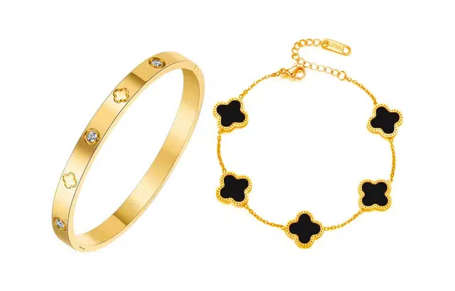 尚银福 四叶草五花系列 精致轻奢甜美四叶草一对 复古轻奢小众设计优雅温柔风气质百搭叠戴镯子 时尚精致大气 合金 手链 女款