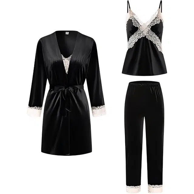 秀黛 性感蕾丝花边拼接吊带上衣长裤可外穿睡袍睡衣套装 女款