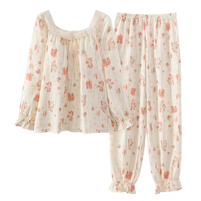 莫代尔 亲肤带胸垫防凸点长袖长裤套头韩版家居服可外穿睡衣套装 女 杏色