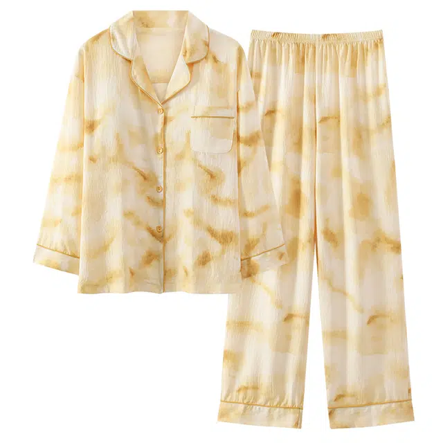 莫代尔 简约亲肤带胸垫防凸点翻领开衫长袖时尚可外穿长裤睡衣套装 女 杏色