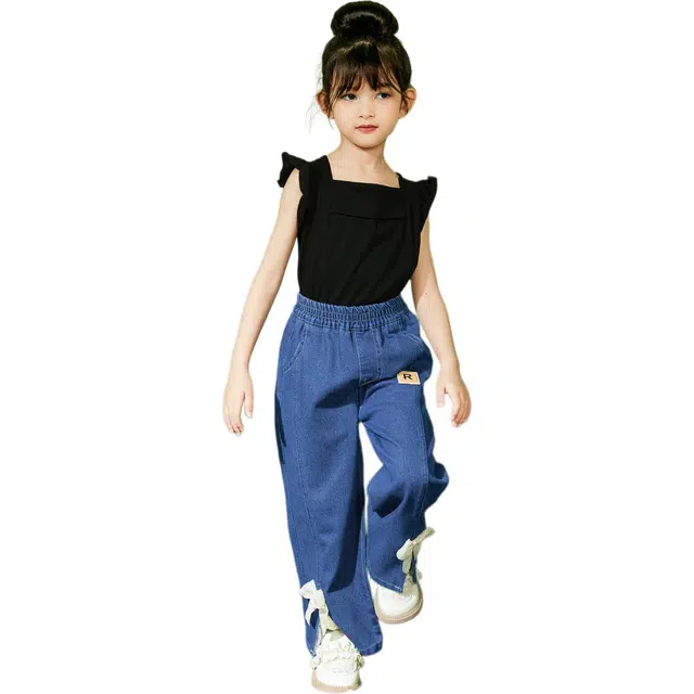 十月妈咪 女童喇叭裤春秋运动长裤子宝宝阔腿牛仔裤 儿童款