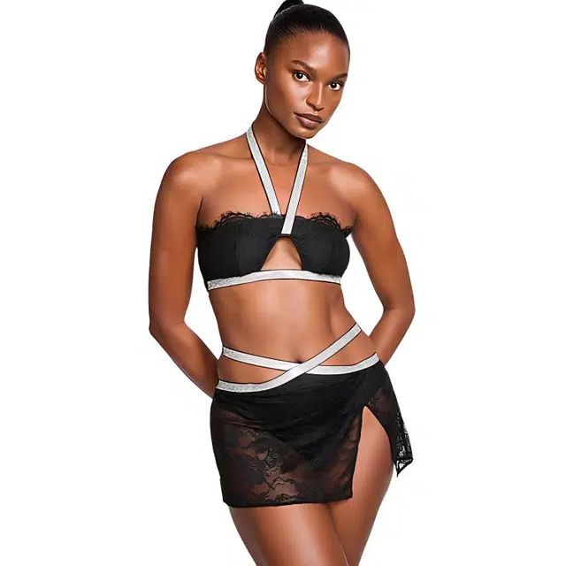 Victoria's Secret pink NEW Shine Strap Halter BraletteMiniSkirtSetblack