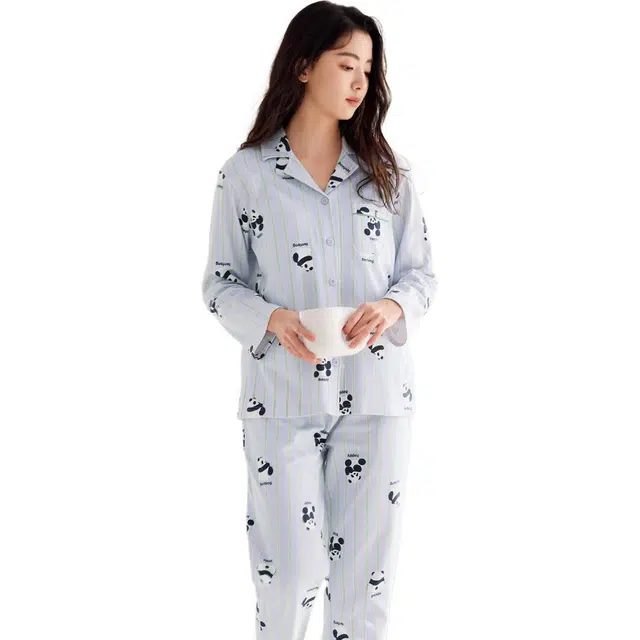 芬腾 休闲翻领长袖上衣中腰长裤睡衣套装 女款 紫条