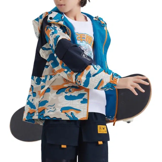 安踏儿童 拼接色块休闲连帽运动外套夹克 儿童款 小麦色