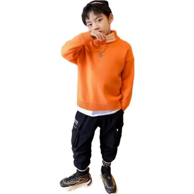 左西 高领加绒纯色落肩针织毛衣 儿童款