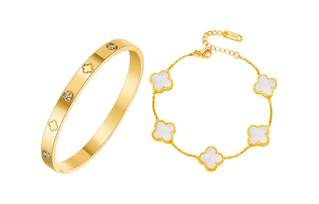 尚银福 四叶草五花系列 日韩小香风轻奢优雅气质大方创意立体幸运草叠戴链森系小清新田园风甜美百搭素圈手镯手饰 合金 手链 女款