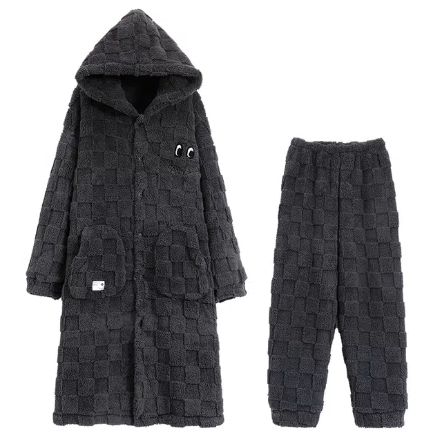 俏霓桐 简约亲肤舒适保暖蓄温长袖睡袍可外穿休闲长裤睡衣套装 男款 深灰色