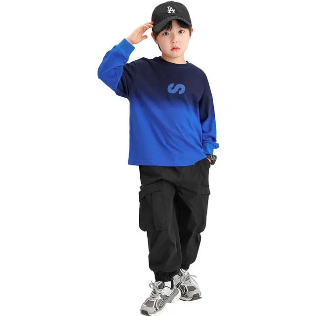 左西 圆领字母印花渐变休闲长袖卫衣 儿童款 蓝色