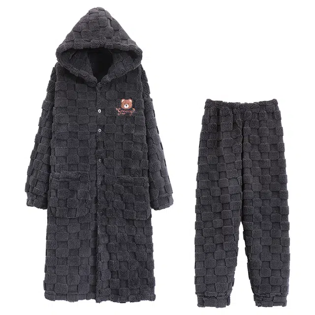 俏霓桐 连帽保暖蓄温加厚长袖长裤可外穿睡衣套装 男款 深灰色