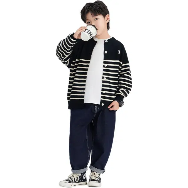 左西 圆领亲肤舒适毛衣 黑白条儿童款