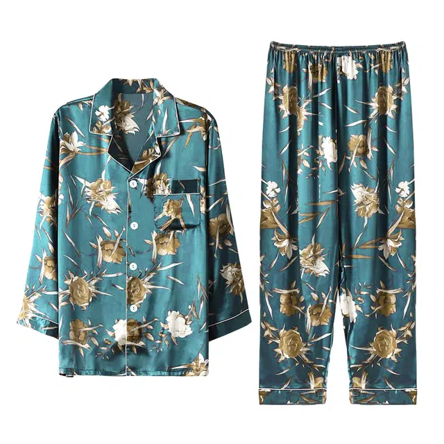 水中花 翻领植物花卉时尚长袖长裤家居服睡衣套装 女款 孔雀蓝