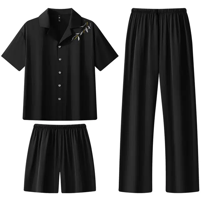 宫蝶 凉感冰丝三件套家居服短袖长裤薄款衫简约休闲大码开衫舒适睡衣套装 男款 黑色