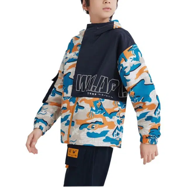 安踏儿童 拼接色块休闲连帽运动外套夹克 儿童款 小麦色