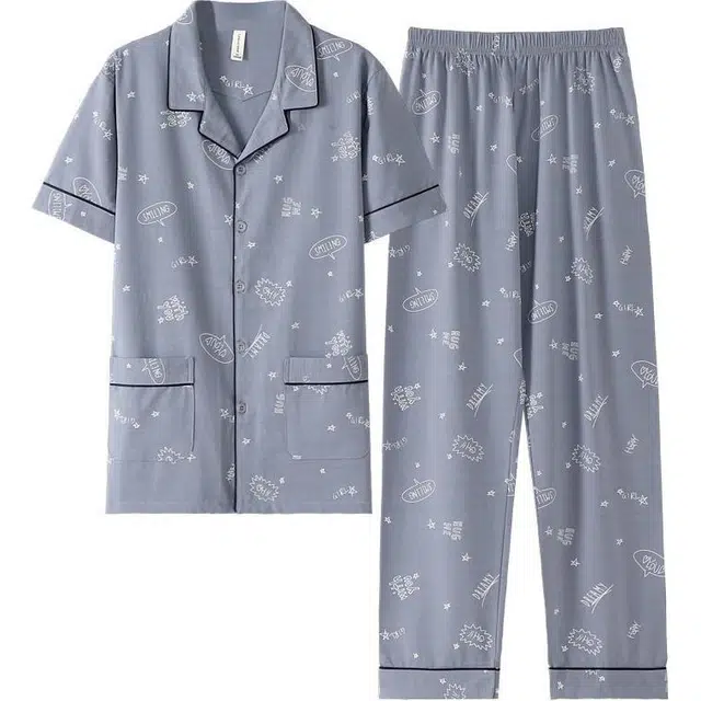 北极绒 开衫舒适透气短袖长裤睡衣套装 男款