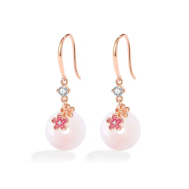 银千惠 新中式幸福圆满平安扣桃花耳坠 国潮桃之夭夭招桃花平安纳福小众百搭养耳洞百搭闺蜜款耳饰 送礼生日礼品首饰 玛瑙 耳环 女款