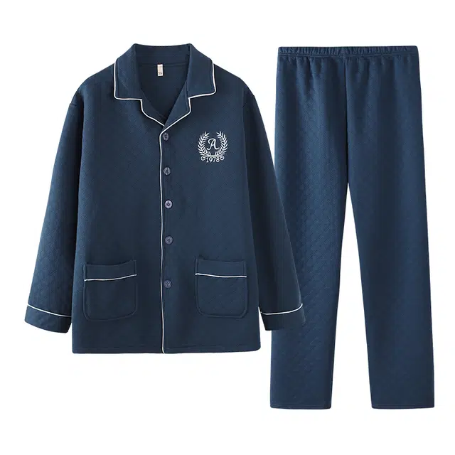 莫代尔 韩版简约时尚保暖储温细腻舒适防寒透气不闷热亲肤有口袋翻领家居服可外穿睡衣套装 男款 藏青色