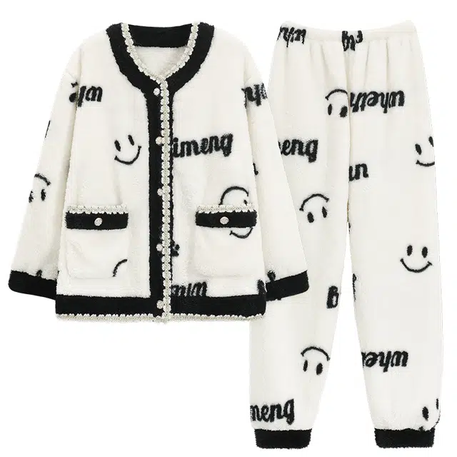 轻迎 笑脸字母加绒甜美卡通保暖家居服睡衣套装 女款 黑白