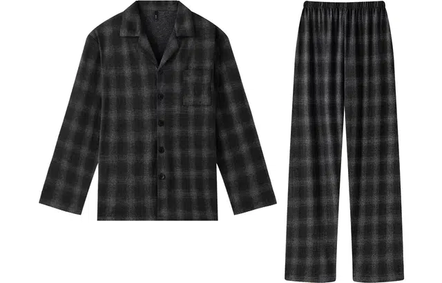 宫蝶 格子长袖休闲复古风可外穿开衫长裤睡衣套装 男款 深灰色