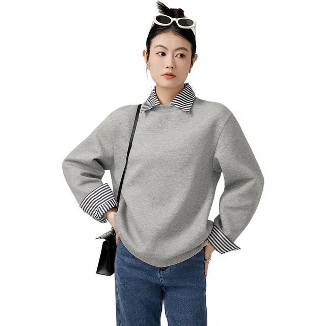 美洋 条纹拼接假两件美式休闲卫衣 女款 花灰色