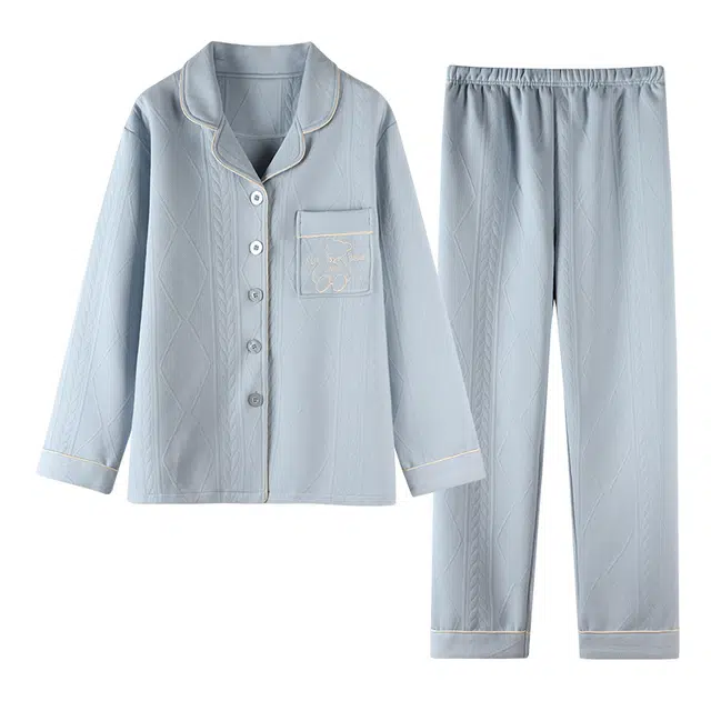 莫代尔 简约可外穿纯色显瘦遮肉气质温柔亲肤细腻柔软舒适宽松翻领有口袋长袖长裤居家服睡衣套装 女款 浅蓝色