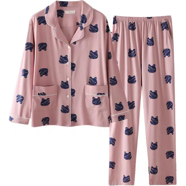 北极绒 简约亲肤舒适翻领开衫长袖可外穿休闲长裤睡衣套装 女款 粉色