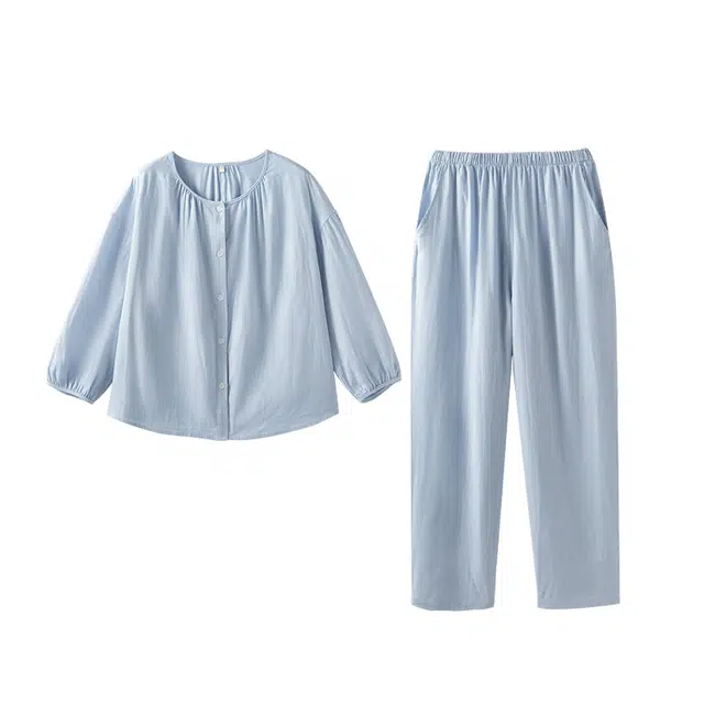 怡吾色 柔软亲肤双层纱纯色简约长袖长裤可外穿睡衣套装 女款