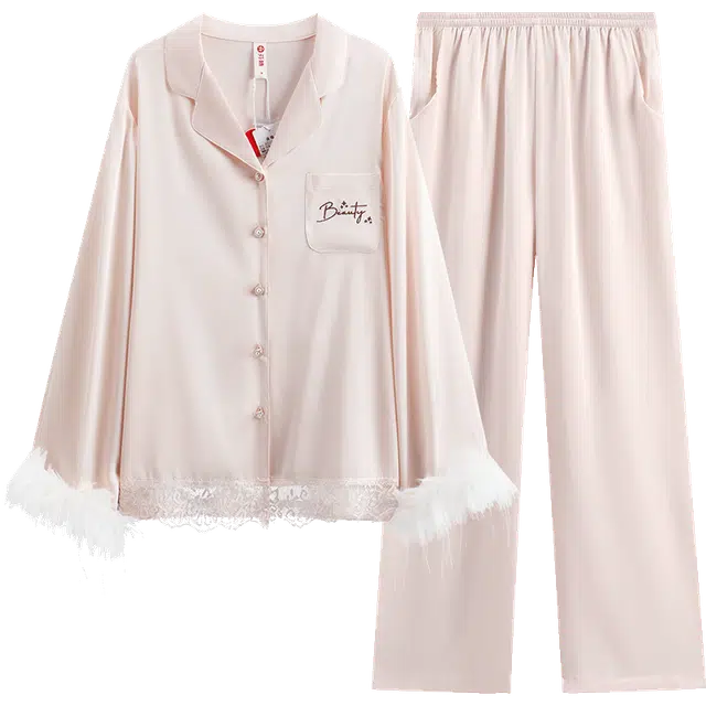 芬腾 长袖长裤开衫仿真丝绸亲肤舒适透气睡衣套装 女款